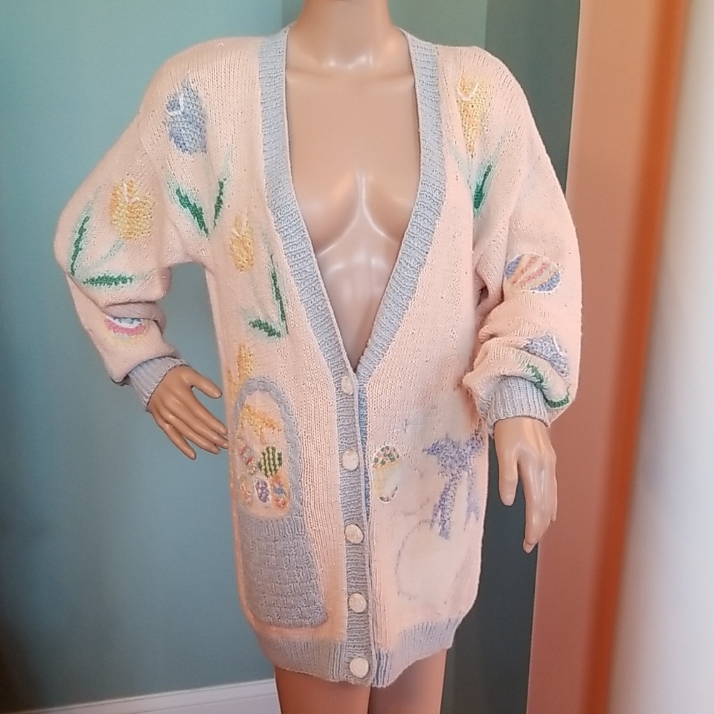 Peach and Blue Oversized Hand Knitted Cardigan Sweater